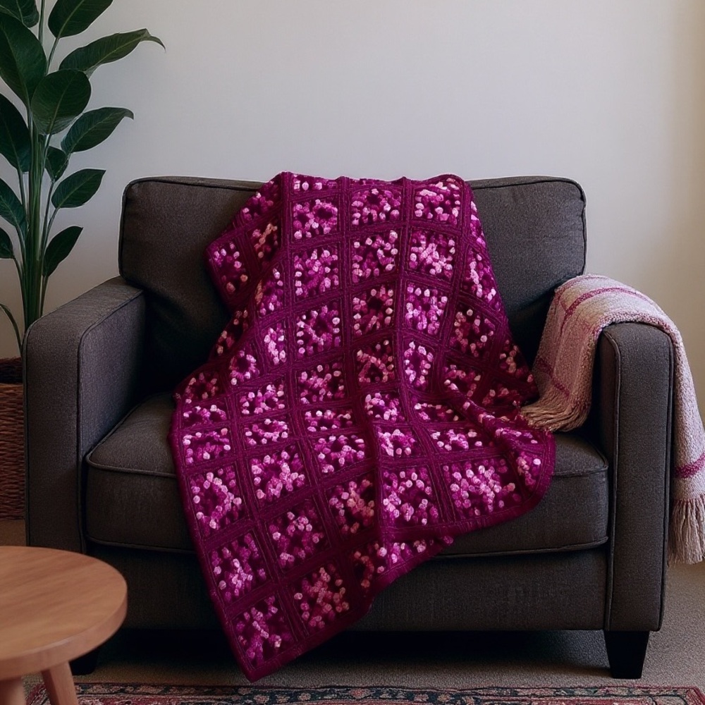 HANDMADE Crochet Knit Blanket Purple Pink 40x53